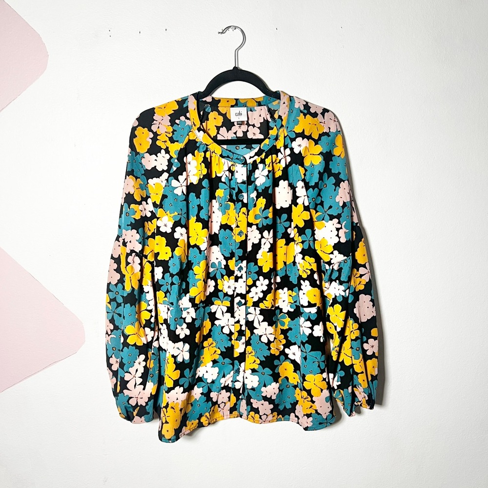 Cabi Button Shirt Women's Large Yellow Floral Long Sleeve Office